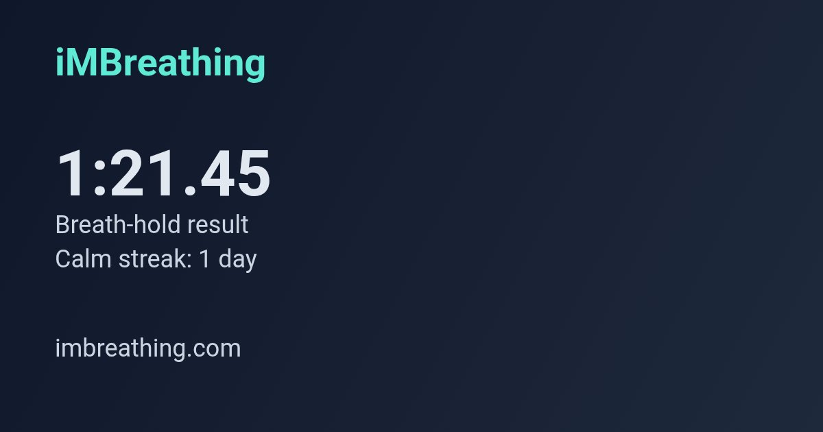 88Tarunsharma's tweet image. Challenge!

I just held my breath for 1:21.45 on iMBreathing. Current calm streak: 1 days. Try it: imbreathing.com #breathing #life