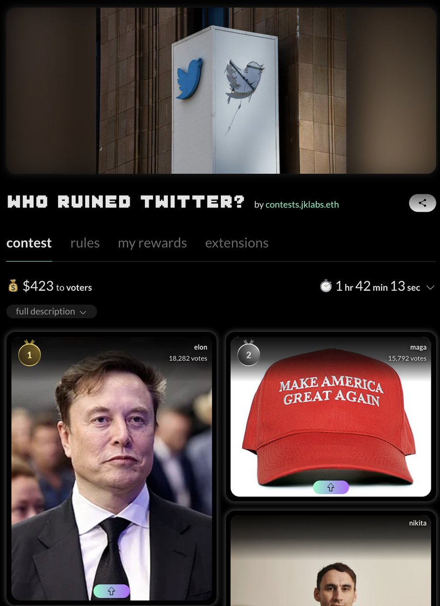 confetti_win's tweet photo. who ruined twitter?

currently all votes on elon and maga

voting is live now until 3pm ET

rewards jumped to ~$400💰in the first 15 min and will keep going up as people play

play now and earn if your opinion wins: https://t.co/21aO3xpt5S