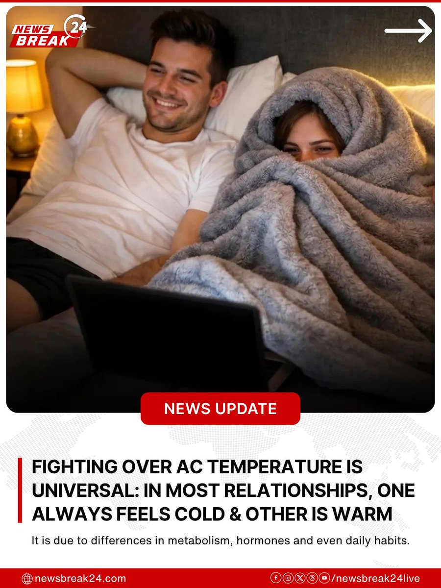 NewsBreak24Live's tweet image. In many relationships, one person feels colder due to differences in metabolism and blood flow. Cold feet? Just the body seeking warmth—not to annoy.
.
.
.
.
Relationships #HumanBody #DidYouKnow #FunFacts #CoupleLife
