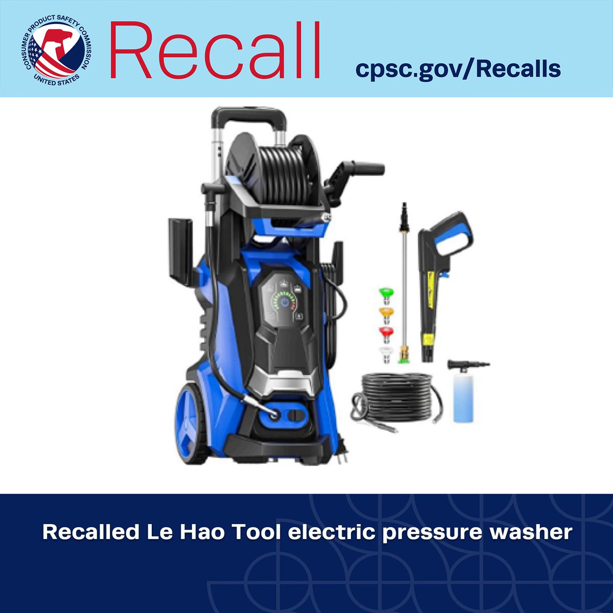 USCPSC's tweet image. #Recall: Le Hao Tool Recalls Pressure Washers; The recalled pressure washers lack an integral ground-fault circuit-interrupter (GFCI), posing a serious risk of injury or death from shock and electrocution hazards. Get refund. cpsc.gov/Recalls/2026/L…