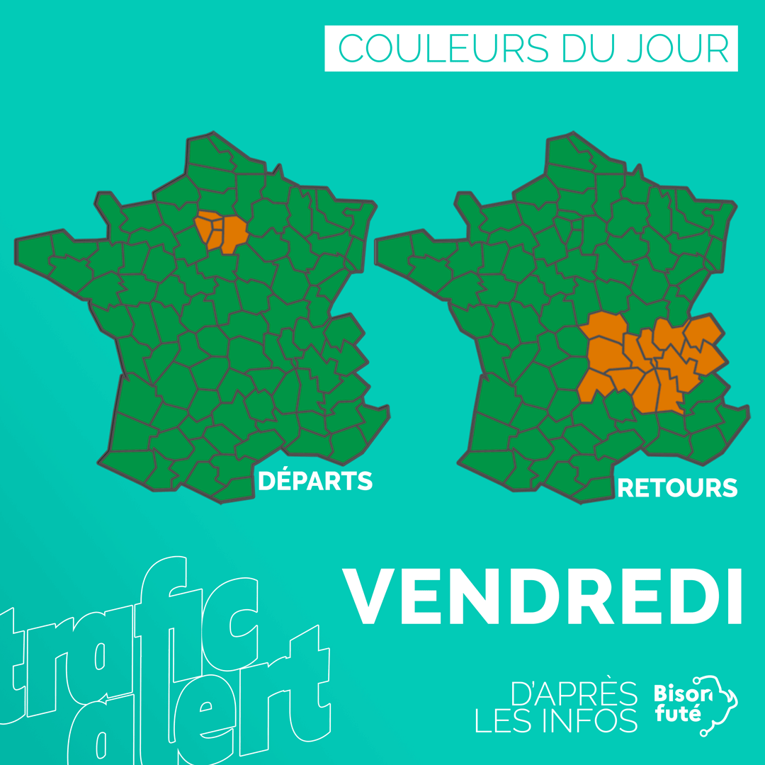 trafic_aura's tweet photo. 📅 COULEURS DEMAIN | Des flux plus denses attendus sur l’Île-de-France et le Rhône-Alpes. #BisonFuté #prévisions #couleurs +sur  https://t.co/AhRQrZXFUO https://t.co/Nl2fTdODLJ