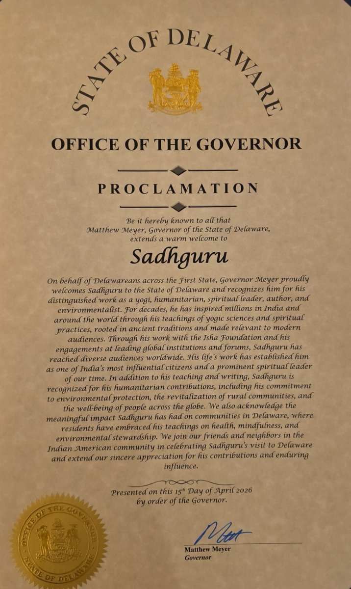 SadhguruJV's tweet image. An honour and pleasure to meet you, Governor @MattMeyerDE. The most profound contribution any human being can make is to touch another life. Our humanity will find full expression only when people are joyful. Wonderful to see your wholehearted dedication to the people of