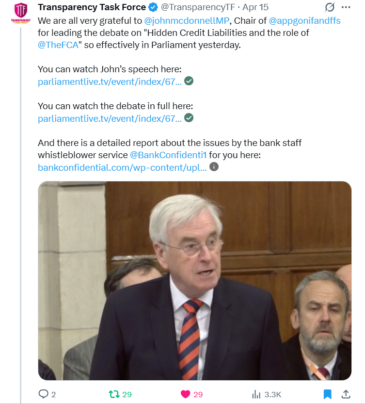 GoogleExpertUK's tweet image. We are all very grateful to @johnmcdonnellMP, Chair of
@appgonifandffs for leading the debate on "Hidden Credit Liabilities and the role of @TheFCA" so effectively in @UKParliament yesterday.
- @TransparencyTF
x.com/i/status/20347…
#socent🏦#news