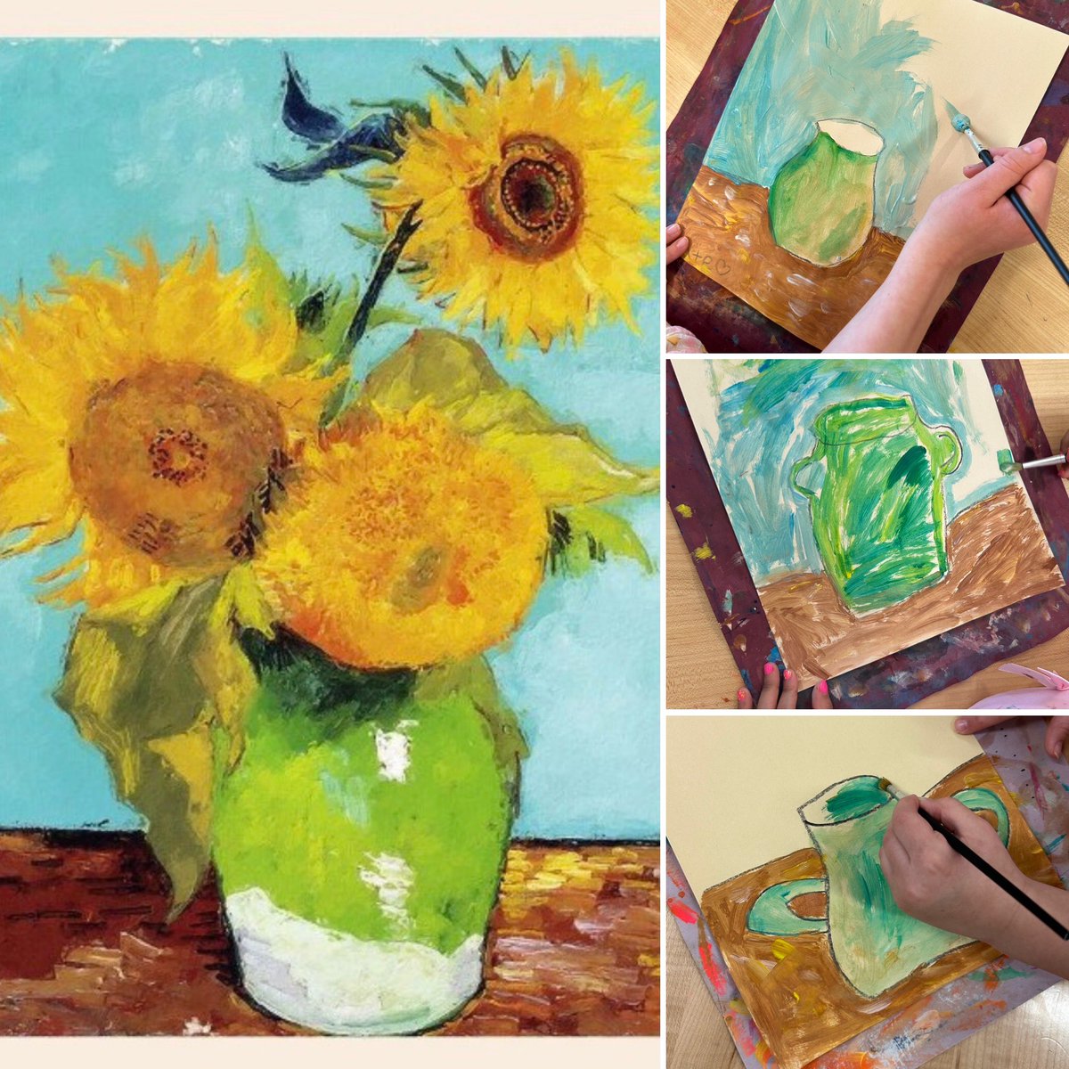Kindergarten artists have started studying Master artist Vincent Van Gogh. We began creating our impasto paintings, learning about still-life elements like the vase &amp; table. They are off to a very creative start!🌻 #HPSDawesome
