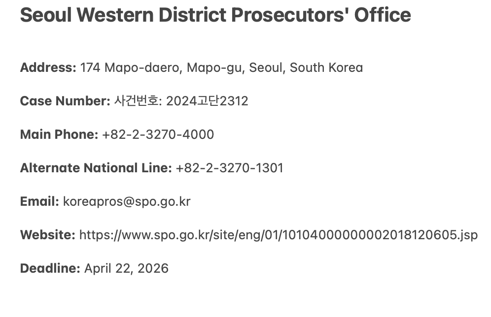 johnnysosmally's tweet photo. 🚨 Please contact the prosecutor and encourage them to appeal Johnny Somali's weak sentence. 6 months isn't long enough! They have until April 22nd to appeal for a longer and harsher sentence.  

The case number is: 사건번호: 2024고단2312. 

More info: https://t.co/I5WUxAlOqI