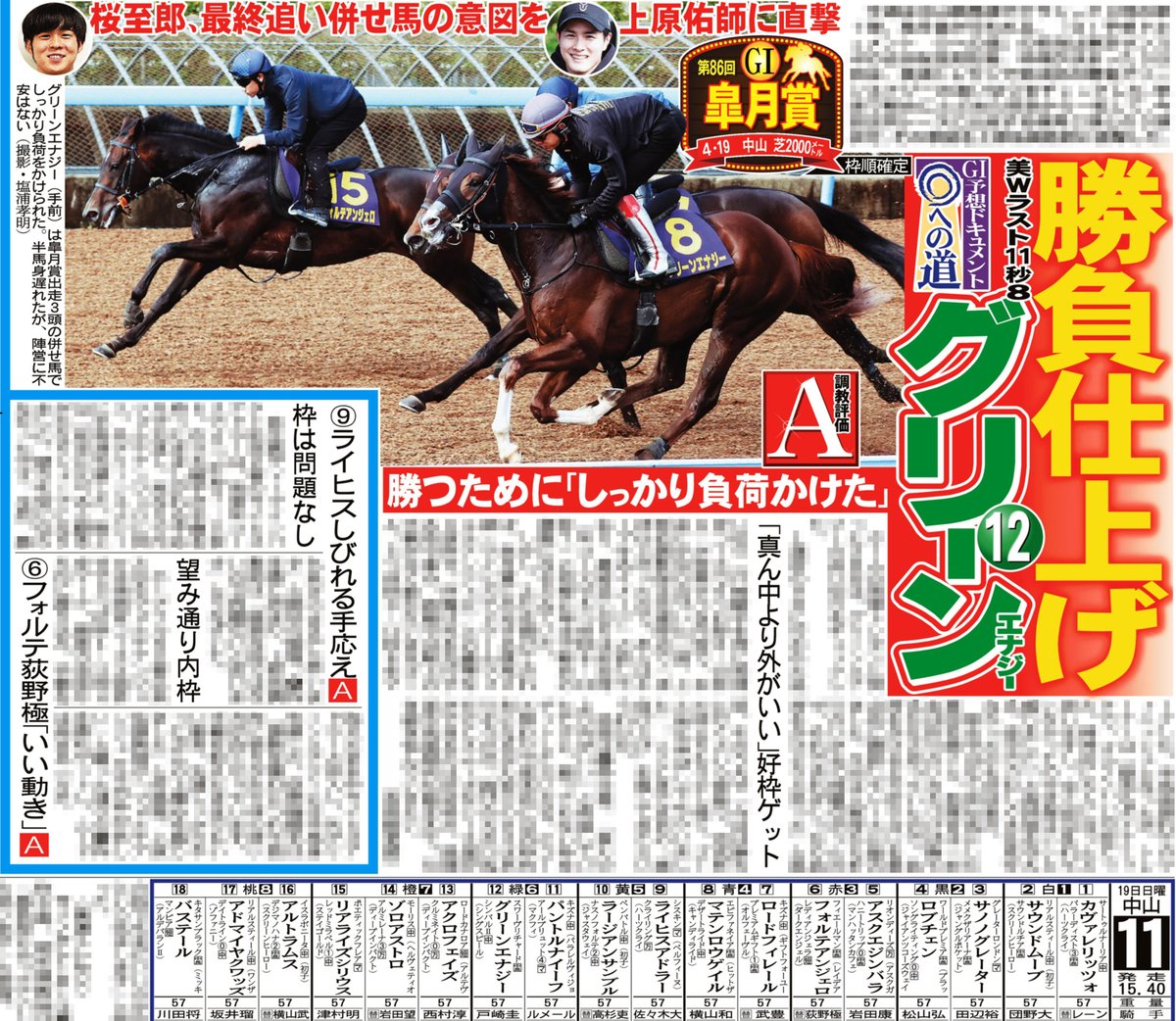 本日のサンスポ競馬面は #皐月賞 枠順確定 【勝負仕上げだ #グリーン