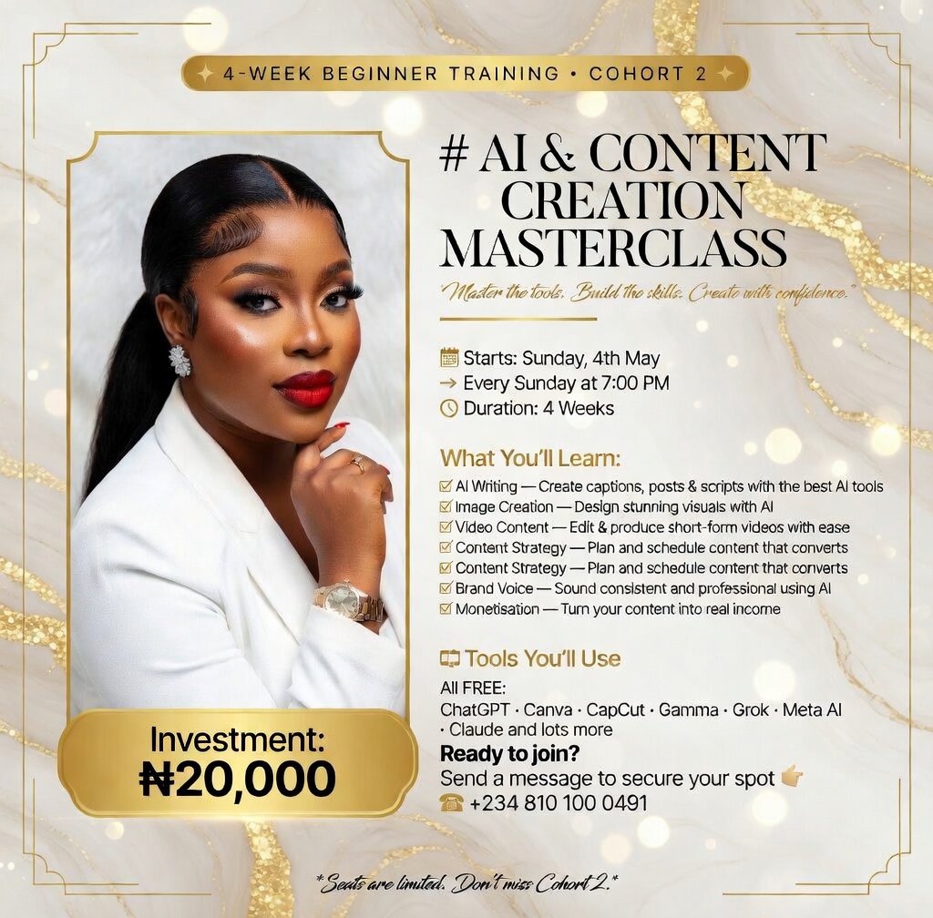 DINMACHEKWAS1's tweet photo. Cohort 2 is here! 🎉
4 weeks. Every Sunday. 7PM.
Learn how to use AI to create content, grow your brand, and make money using free tools.
Investment: ₦20,000
Starts 4th May.
DM me or call +234 810 100 0491 to secure your spot. 👇 https://t.co/dhnTQc4i4J