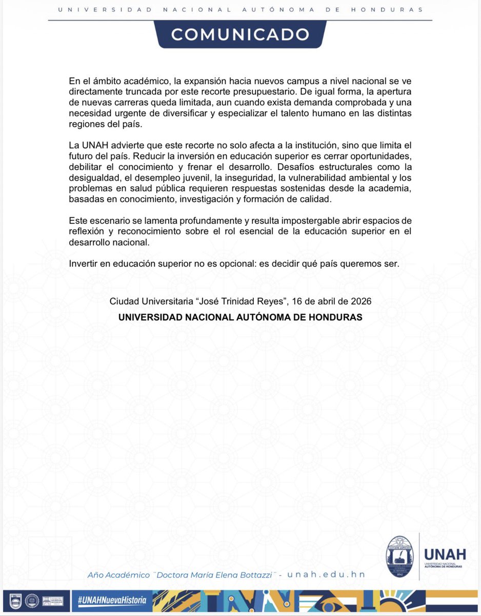 #NotiactivaHN | La <a href="/UNAHoficial/">UNAH Universidad Nacional Autónoma de Honduras</a> lamentó la reducción de 1,441.6 millones de lempiras en su presupuesto 2026 como un golpe directo a la educación superior pública. La decisión se aparta del mandato constitucional que establece una asignación de al menos el 6% para la #UNAH.