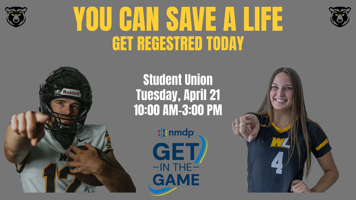 ⚫️YOU CAN SAVE A LIFE🟡

Join your Hilltopper Football and Volleyball teams in the Student Union, Tuesday April 21st, and have a chance to save a life

For More Information
tinyurl.com/WLUGITG

#GoWLU | #TopperNation | #HilltopIsHome🐻