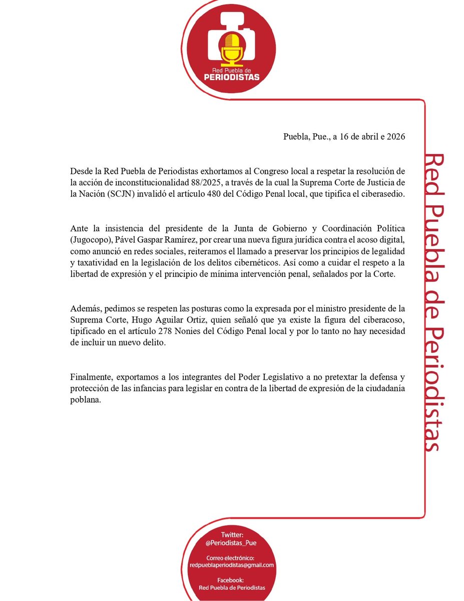 Ante las declaraciones del presidente de la Junta de Gobierno del <a href="/CongresoPue/">H. Congreso de Puebla</a>, <a href="/SoyPavelGaspar/">Pavel Gaspar Ramírez</a>, sobre crear una nueva figura jurídica contra el acoso digital, hacemos un llamado a preservar los principios de legalidad y taxatividad en la legislación de los delitos cibernéticos.