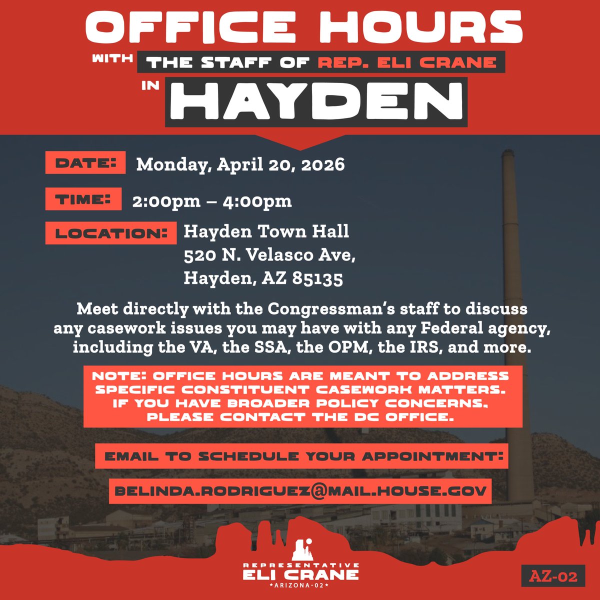 On Monday, my staff will host mobile office hours in Kearny and Hayden.

If you’re in the area and need assistance with federal casework, please contact my team to schedule an appointment.

See below for more information: