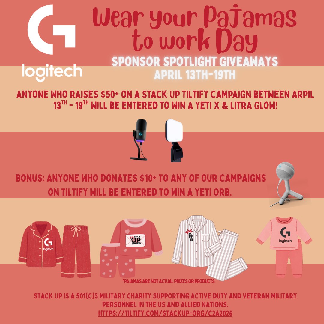 StackUpDotOrg's tweet photo. Anyone out there running a pajamas stream? Our Spotlight Giveaway celebrating Wear Your Pajamas to Work Day ends Sunday, April 19th! Take a shot at winning some @LogitechG streaming gear by fundraising with us via Tiltify. 

Thanks to everyone fundraising and donating this week! 🫡