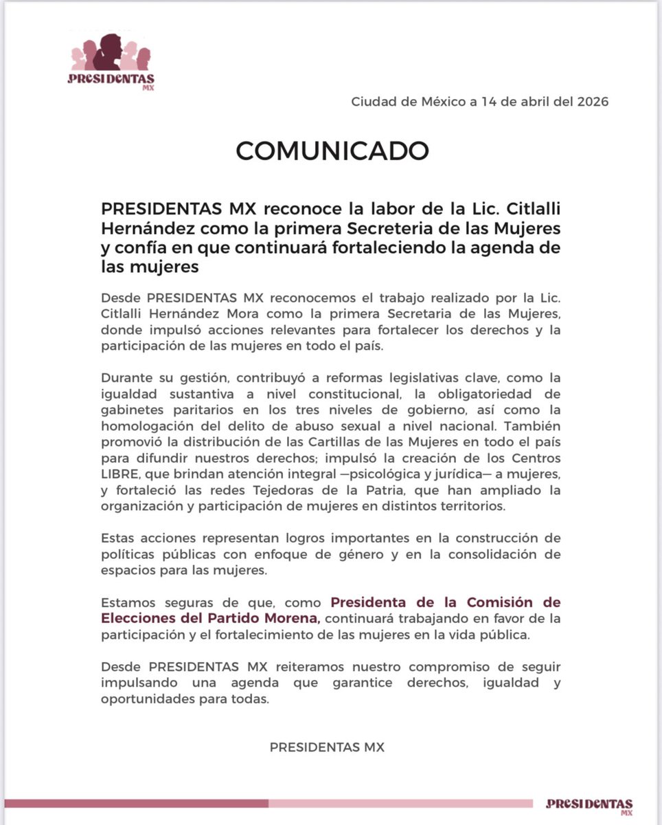 presidentasmx's tweet photo. PRESIDENTAS MX reconoce la labor de la Lic. Citlalli Hernández como la primera Secreteria de las Mujeres y confía en que continuará fortaleciendo la agenda de las mujeres https://t.co/dkSWjsORMZ