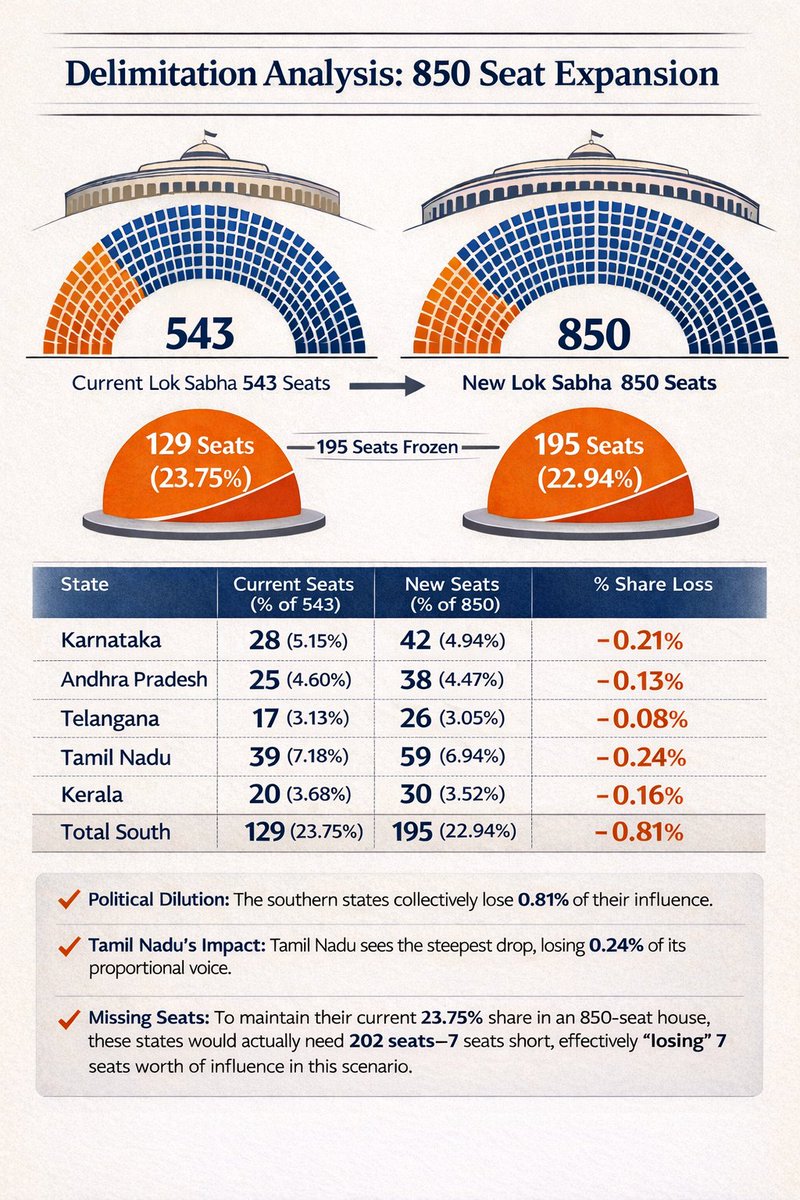 arjuna04's tweet image. This is the result you get if you calculate for 850 and not 816. 
SOUTH INDIAN STATES LOSE. 
THIS IS THE ACTUAL FACT YOU ARE HIDING. 
#Karnataka #Tamilnadu #Keralam #AndhraPradesh #Telangana #DELIMITATION