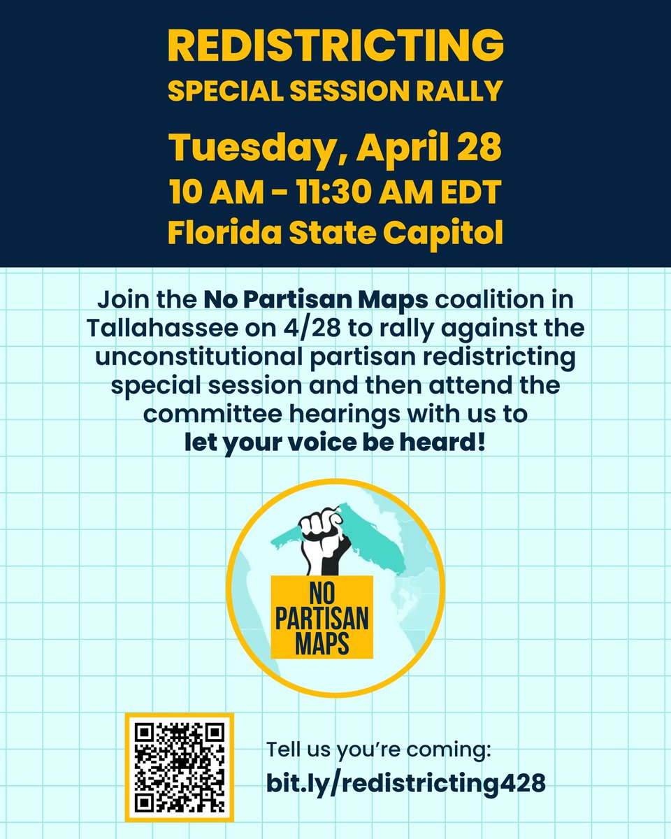 voffund's tweet image. 🪧Redistricting Special Session Rally
📆Tue, April 28
⏰10 AM – 11:30 AM EDT
📍Florida State Capitol
👥No Partisan Maps
🔗 bit.ly/redistricting4…

Join us in rallying against the redistricting special session &amp;amp; then attend committee hearings to let your voice be heard! 📢