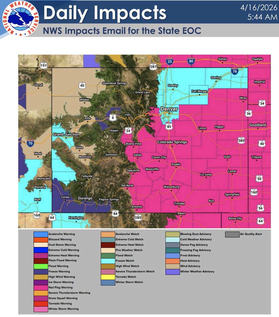COEmergency's tweet photo. Colorado Daily Status Report: April 16, 2026
https://t.co/j9hlE1Wl2z

State Emergency Operations Center (SEOC)

▪️Response: Level 3 with DHSEM's SEOC staff 
▪️Recovery Level 3:  State Recovery Task Force Activated

State Level Lifelines: Stable

Key Weather Impacts from NWS 

1. Potential for rapid wildfire spread much of east central, southeast, and south central Colorado today.

2. Windy in western Colorado.

3. Turning colder tonight with snow moving into the mountains, spreading to the plains on Friday.

#COwx #COFire
