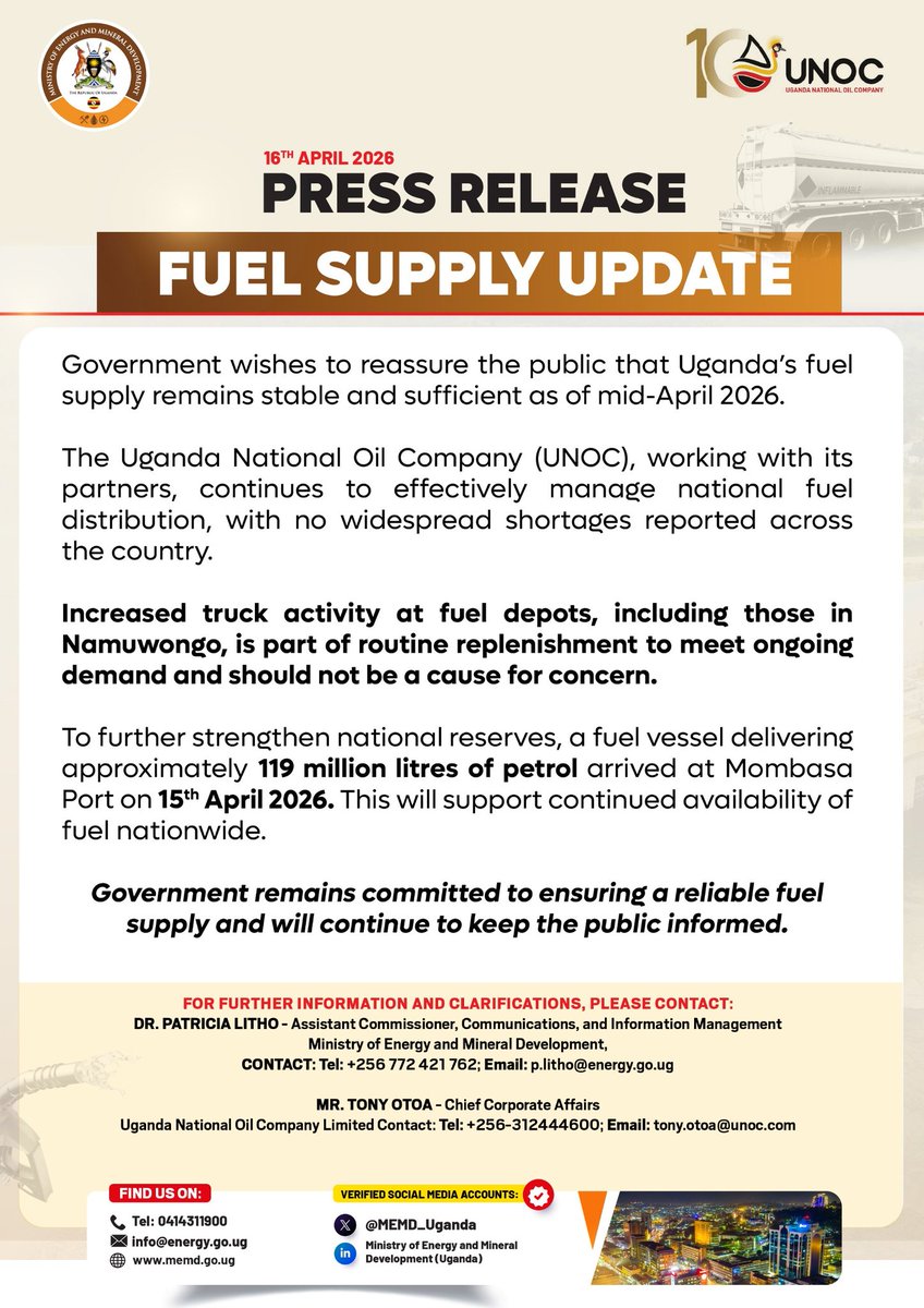 MEMD_Uganda's tweet photo. Government remains committed to ensuring continued fuel supply.
@NankabirwaRS @PNyamutoro @HonOkaasai @irenebateebe @UNOC_UG @GovUganda @GCICUganda @UgandaChamber https://t.co/jfV6NmUHli