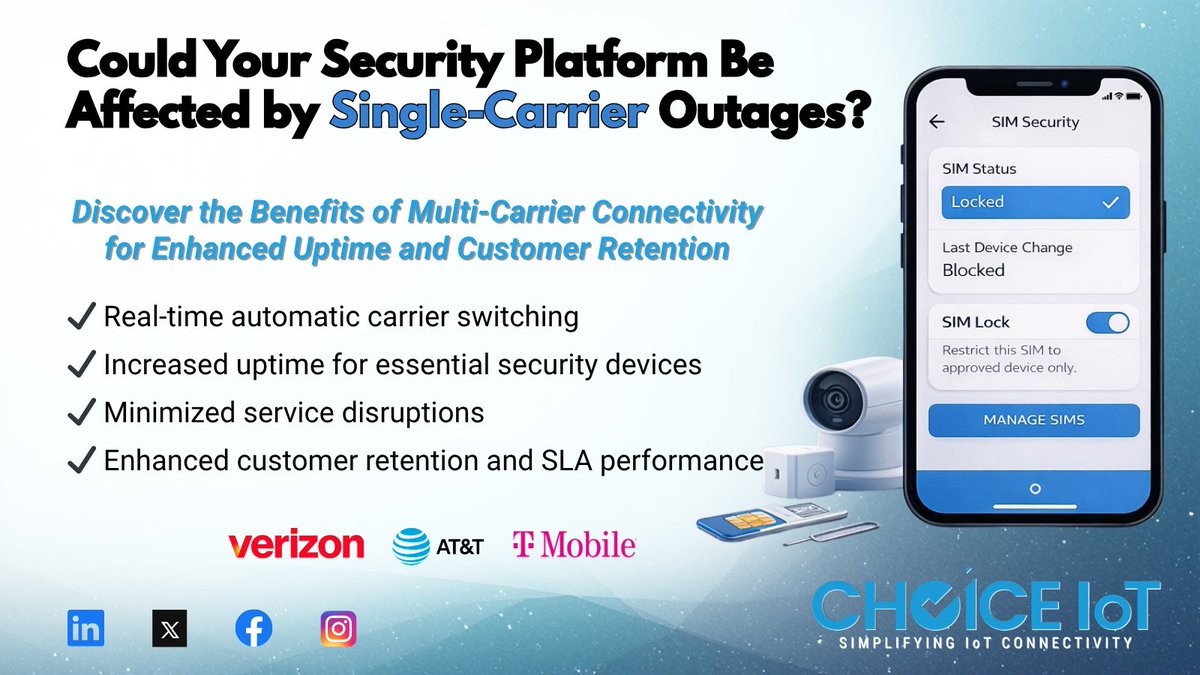 ChoiceIoT's tweet image. @ChoiceIoT helps security platforms stay connected with multi-carrier SIM technology, reducing outage risk and supporting stronger uptime and retention.
Learn more at hubs.ly/Q04ck1lD0
#tmobile #verizon #att #multicarriersim #iotsim #choiceiot