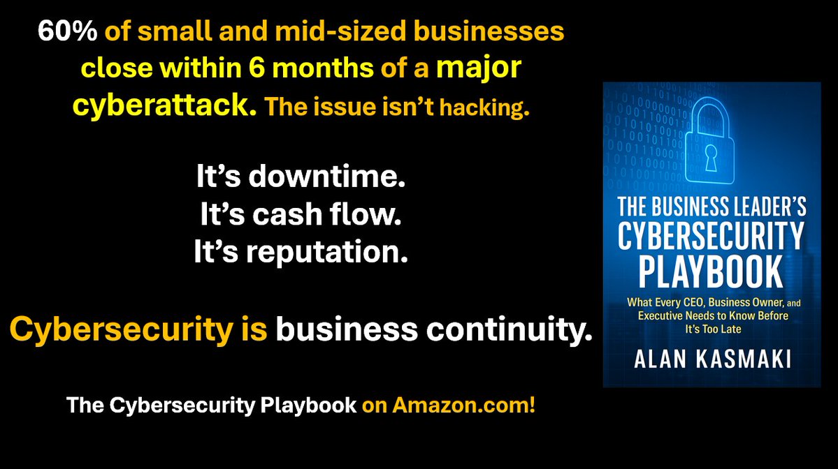 Bizconnectors's tweet image. Cybersecurity = Business Survival

60% of SMBs close after a major cyberattack.

Cybersecurity is business continuity.

alankasmaki.com/cybersecurity-…

#CyberSecurity #BusinessContinuity #Leadership #CybersecurityPlaybook