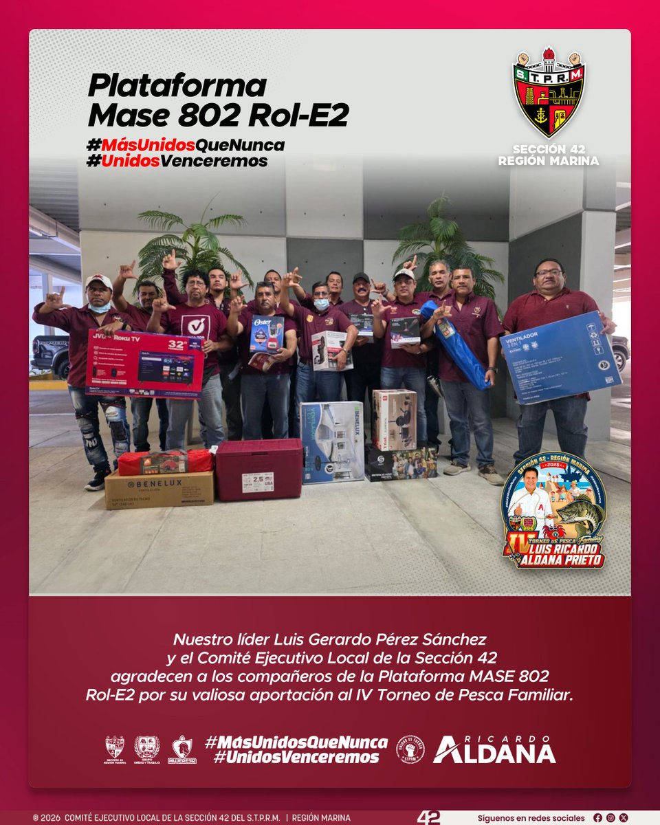 Los compañeros de la Plataforma MASE 802 Rol-E2 realizaron hoy una aportación para el IV Torneo de Pesca Familiar “Luis Ricardo Aldana Prieto”, reafirmando el compromiso, la solidaridad y el orgullo que caracterizan a nuestra fuerza laboral en mar.

Gracias MASE 802 Rol-E2. Su