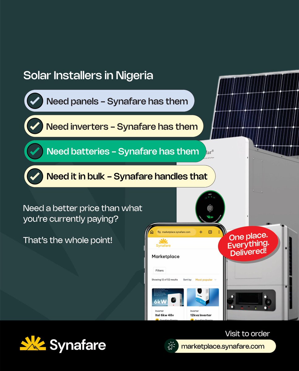 SynafareHQ's tweet image. Panels. Inverters. Batteries. Bulk orders. Better prices.

One place. Everything. Delivered.

Visit marketplace.synafare.com to get started now!!!

#SolarNigeria #SynafareSolar #SolarInstaller #SolarMarketplace #NigeriasSolarMarketplace