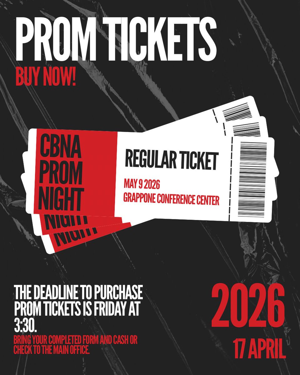 CoeBrownAcademy's tweet image. REMINDER: The deadline to purchase Prom tickets is tomorrow, the 17th, at 3:30! Bring your completed form and cash or check to the Main Office. No tickets will be sold after that date.

#cbna #cbnapride #prom2026 #cbnaprom