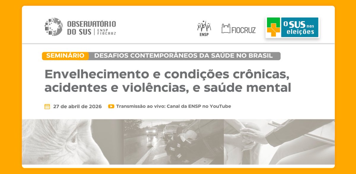 Oaps_saude's tweet image. 📣“Desafios contemporâneos da saúde no Brasil: envelhecimento e condições crônicas, acidentes e violências, e saúde mental” é o tema do seminário que acontecerá no dia 27 de abril, no Rio de Janeiro. #envelhecimento #saudemental #violencia