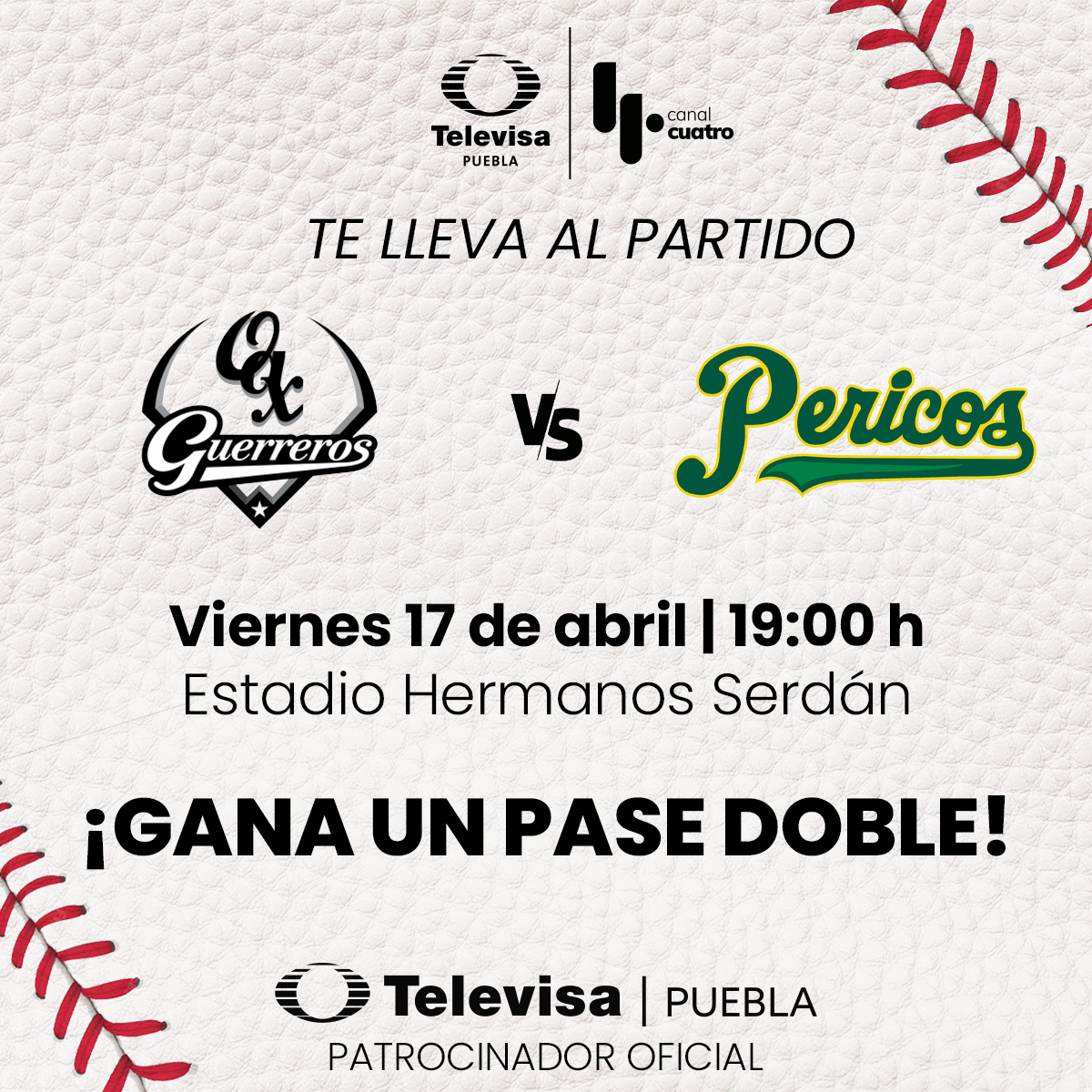 🔥🎟️¡Televisa Puebla te lleva al juego inaugural entre Guerreros de Oaxaca y Pericos de Puebla!
⚾️ Síguenos, dale ❤️, RT y dinos con quién asistirás al partido.
🕗Tienes hasta las 5:00 pm para participar y ser uno de los dos ganadores
📺Televisa Puebla, patrocinador oficial.