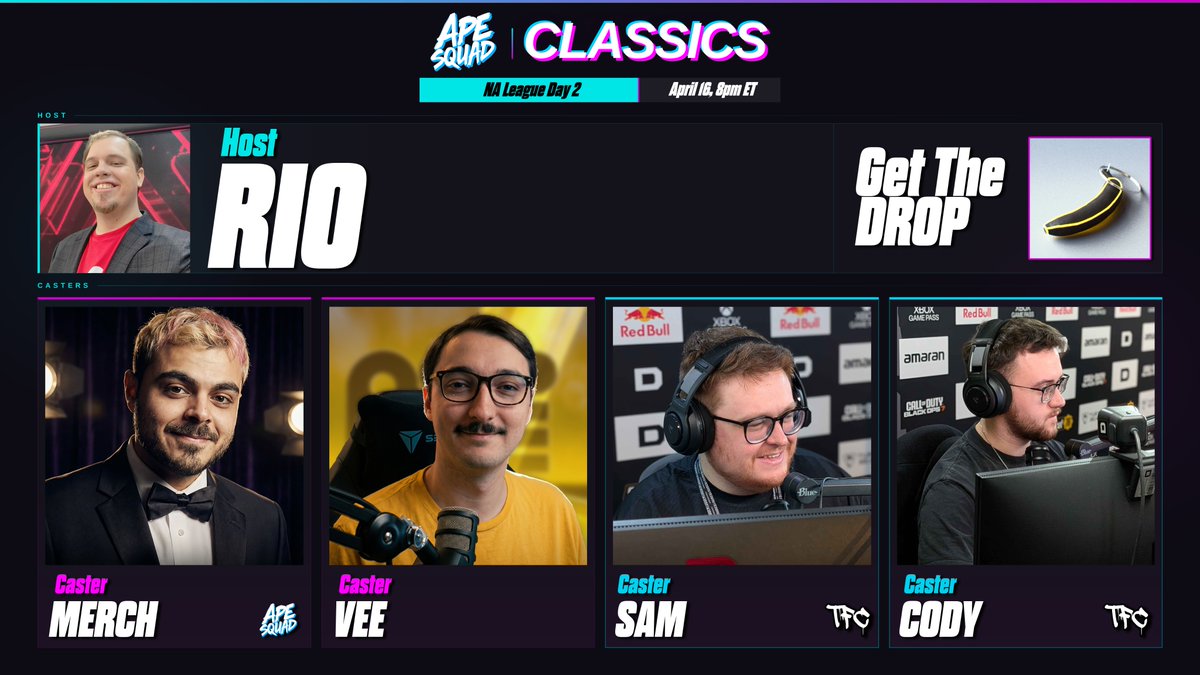 ApeSquadOrg's tweet image. 🎙️TALENT LINEUP📷

AMERICAS DAY 2

TODAY, 8pm EST

Hosted by the legendary:
@RioShouts 

Casted by:
OnlyMerch, @3VeeTF 
&amp;amp;
@SamTheFella, @tfcCody 

twitch.tv/apesquadorg

#ApeSquadClassics #Esports #TheFinals #TwitchDrop