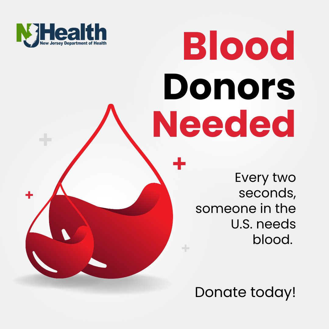 Every two seconds, someone in the United States needs blood. Find a place to donate near you today: hhs.gov/givingequalsli….  #DonateBlood #HealthierNJ