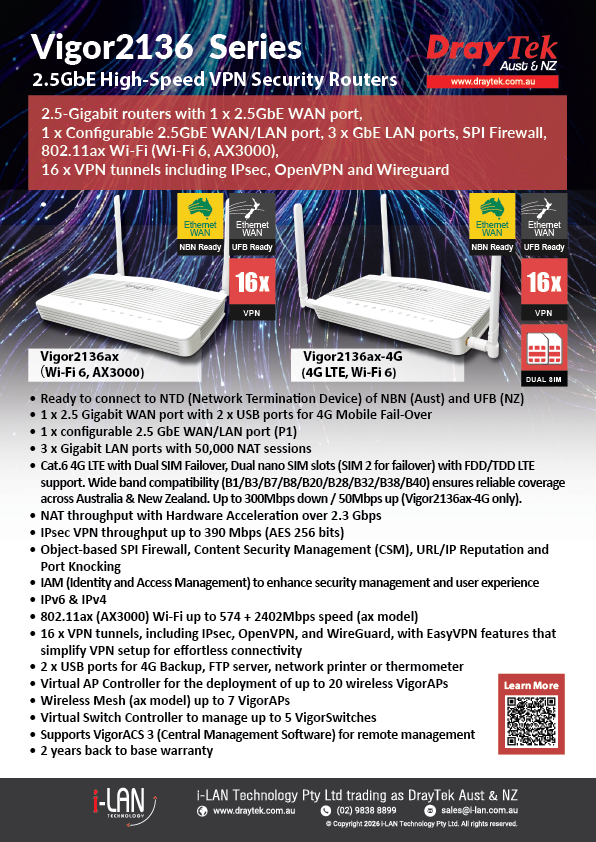 iLANTechnology's tweet photo. Vigor2136 Series 2.5GbE WAN/LAN High-Speed Security VPN Router
https://t.co/07s6VunSkb https://t.co/6wfKL5XAcI