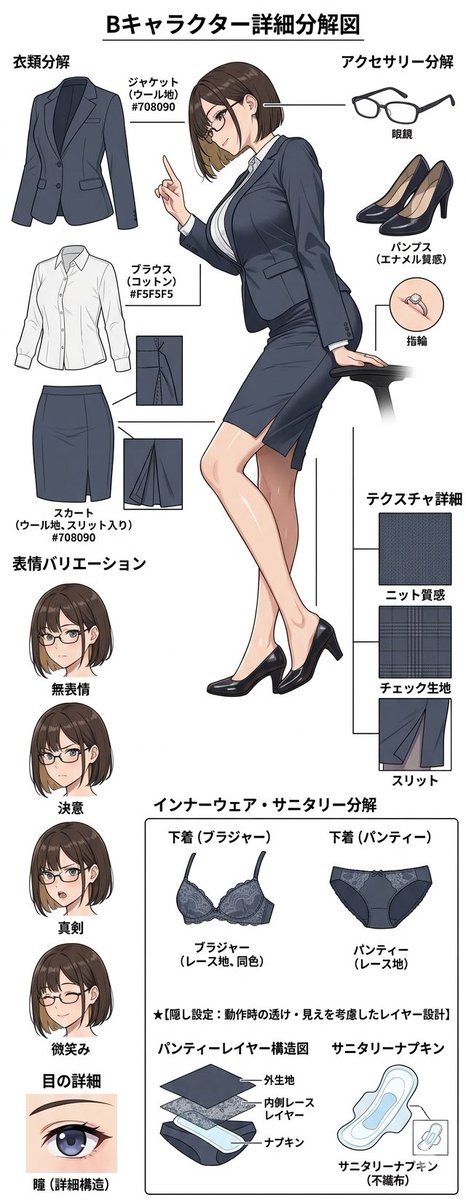 illust_gallery's tweet image. デキるお姉さんの「表」と「裏」、覗いてみませんか？💼✨

完璧なスーツ姿から、全力疾走で見えちゃうインナーの隙まで。
こだわりを詰め込んだ設定資料を作りました。

ギャップ萌えした人はぜひ見てほしい…！

#AIart #AIイラスト #OL #スーツ #設定資料