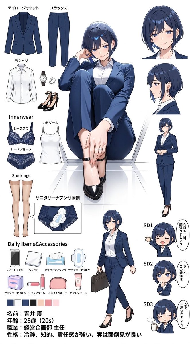 illust_gallery's tweet image. デキるお姉さんの「表」と「裏」、覗いてみませんか？💼✨

完璧なスーツ姿から、全力疾走で見えちゃうインナーの隙まで。
こだわりを詰め込んだ設定資料を作りました。

ギャップ萌えした人はぜひ見てほしい…！

#AIart #AIイラスト #OL #スーツ #設定資料