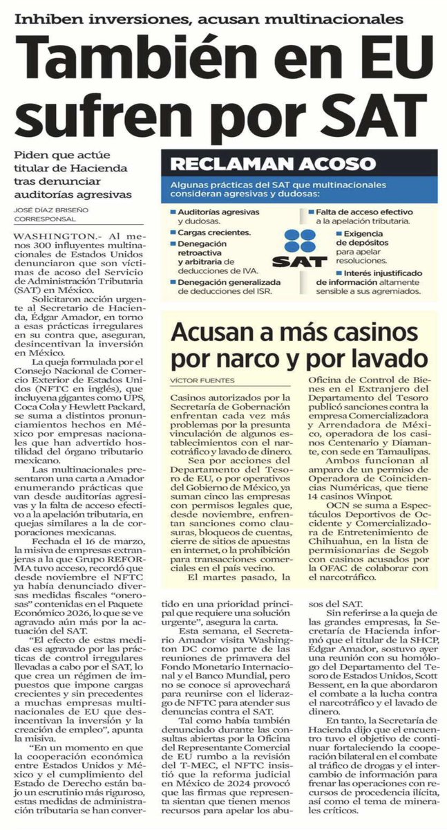 avieu's tweet image. Más de 300 multinacionales acusan al #SAT de auditorías agresivas, cobros arbitrarios y obstáculos para defenderse. Dicen que así no se atrae inversión ni se generan empleos… pero Sheinbaum dice que está muy feliz con el trabajo que hace “El Tony” 😓