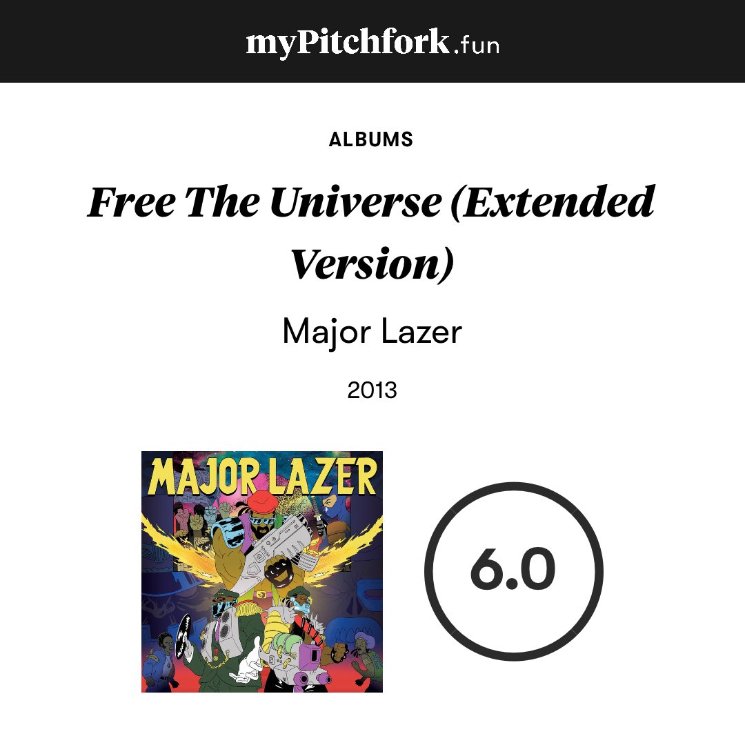 DuaLipaUKHQ's tweet image. 💿 Album Review #279

“Free the Universe” — Major Lazer 💫✨
🟠 6.0
Released: 16 April 2013 (13 Years) 
Genres: Electronic • Dancehall • EDM • Reggae 

Standout Tracks:
#1. Get Free
#2. Jah No Partial 
#3. Mashup the Dance

🎧 My Total Streams: 36
🌎 Spotify Streams Globally: