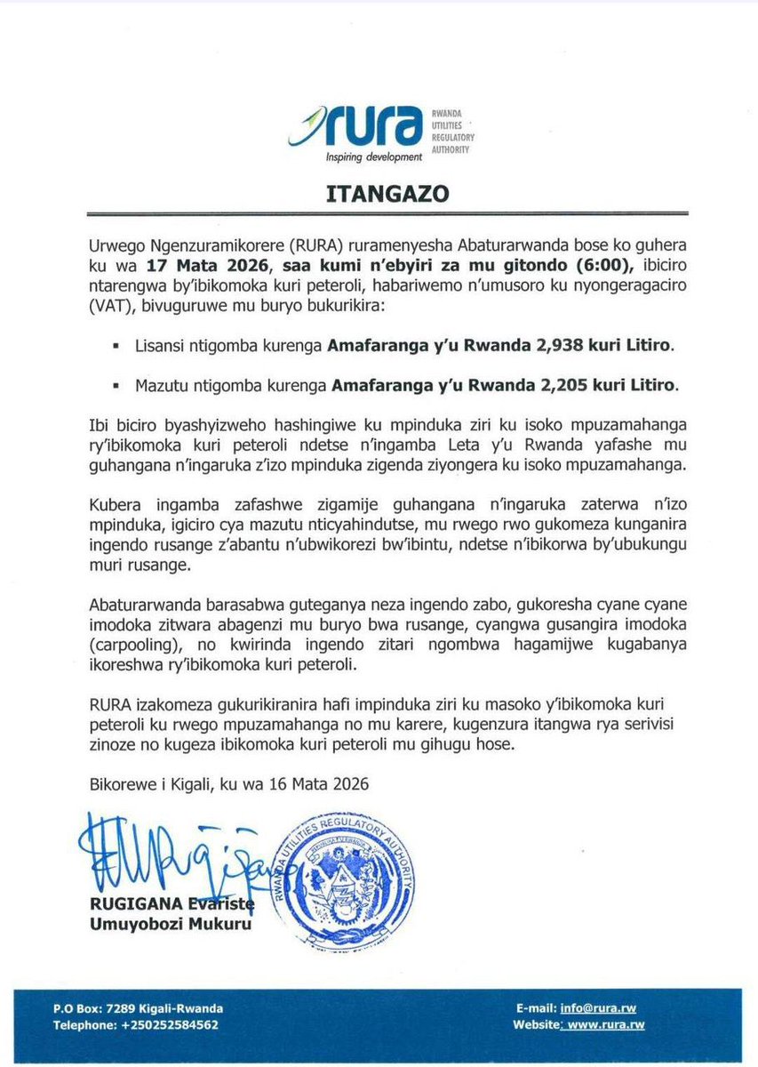 NEXUSNEWSNETWAK's tweet photo. Ibiciro bya peteroli byongeye kuzamuka mu Rwanda, lisansi igera kuri 2,938 Frw kuri litiro https://t.co/kGOk7mfHxd