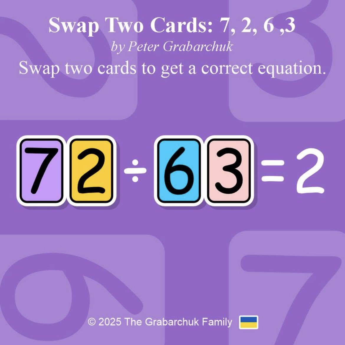 PuzzleMove's tweet image. Swap Two Cards: 7, 2, 6, 3 (by Peter Grabarchuk). Swap two cards to get a correct equation.

More puzzles at grabarchukpuzzles.com 

#puzzle #brainteaser #challenge #puzzlesforadults #mathpuzzle