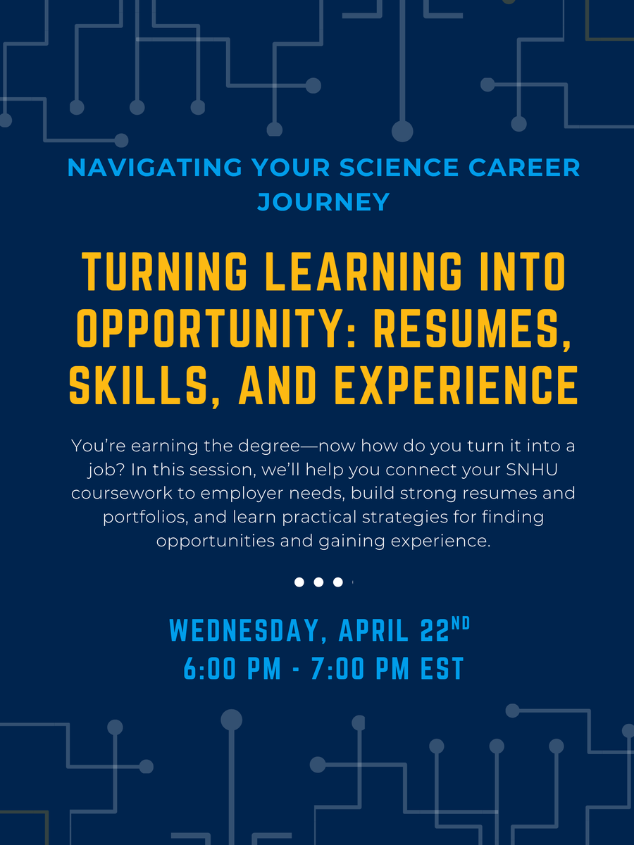 🧭 Guidance on connecting your SNHU coursework to real employer needs
📄 Tips for building strong resumes and portfolios that highlight your skills
🔍 Strategies for finding opportunities 
🎯 Practical steps to help you move from earning your degree to landing a job