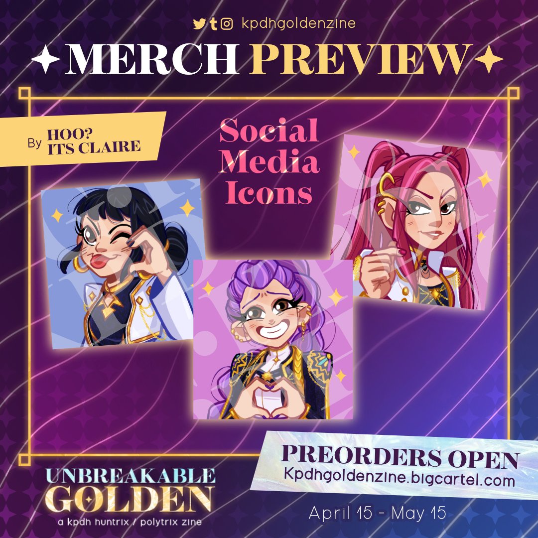HooItsClaire's tweet photo. @kpdhgoldenzine IS OPEN FOR ORDERS!!! I did the icons and a sticker for this incredible zine! But we have so many stretch goals to achieve! We already got through 2 of them so please come support our work and the charity!!
#kpdh #kpopdemonhunters #huntrix https://t.co/r38bzO5nuc