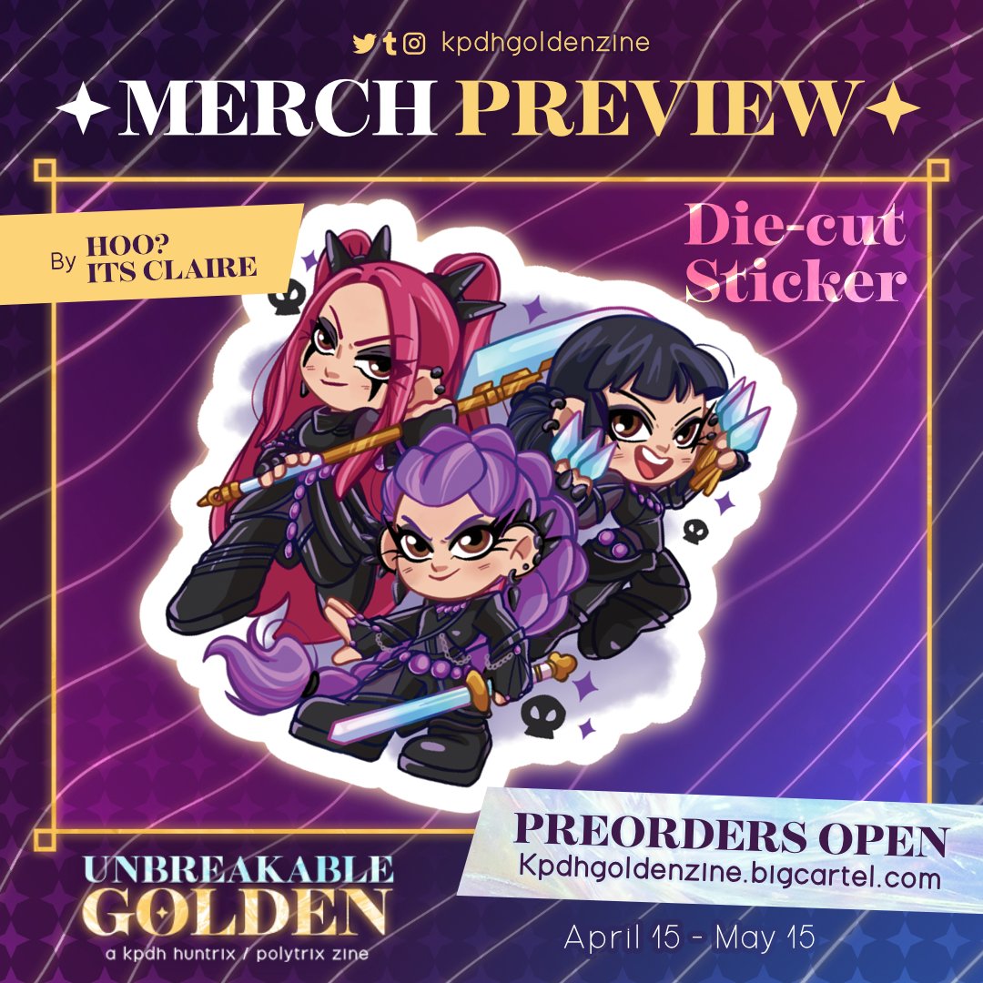 HooItsClaire's tweet photo. @kpdhgoldenzine IS OPEN FOR ORDERS!!! I did the icons and a sticker for this incredible zine! But we have so many stretch goals to achieve! We already got through 2 of them so please come support our work and the charity!!
#kpdh #kpopdemonhunters #huntrix https://t.co/r38bzO5nuc