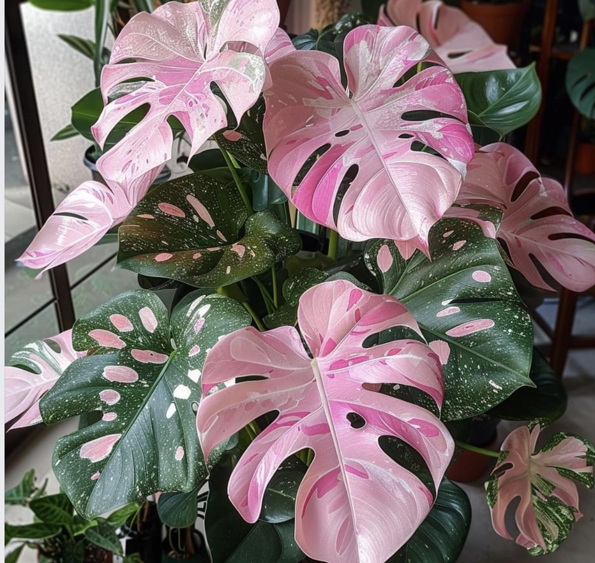 The sweetest harmony of pink and green — leaves like a living painting.