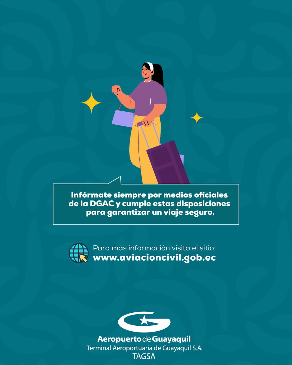 Aeropuerto_GYE's tweet image. 📌🌐 Infórmate a través de aviacioncivil.gob.ec y cumple las normas para garantizar un vuelo seguro para todos.

#SeguridadAérea #DGAC #AeropuertoGye #Tagsa #UnAeropuertoParaTodos