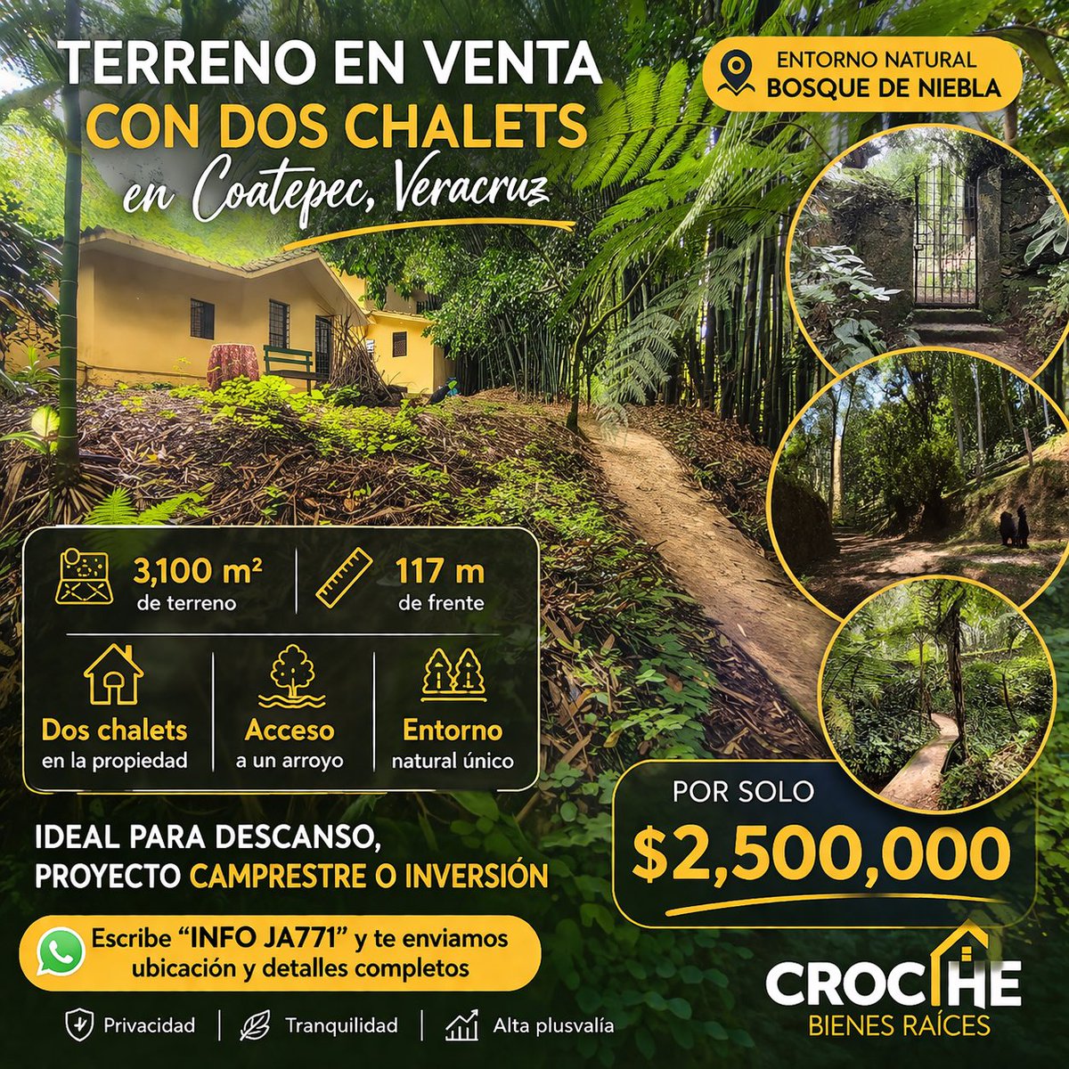 CrocheMx's tweet photo. ⭐️ Terreno campestre con dos chalets en Coatepec por $2,500,000
#CoatepecVeracruz #BosqueDeNiebla #TerrenoCampestre #InversionInmobiliaria #CrocheBienesRaices https://t.co/W4QLzTFBGJ