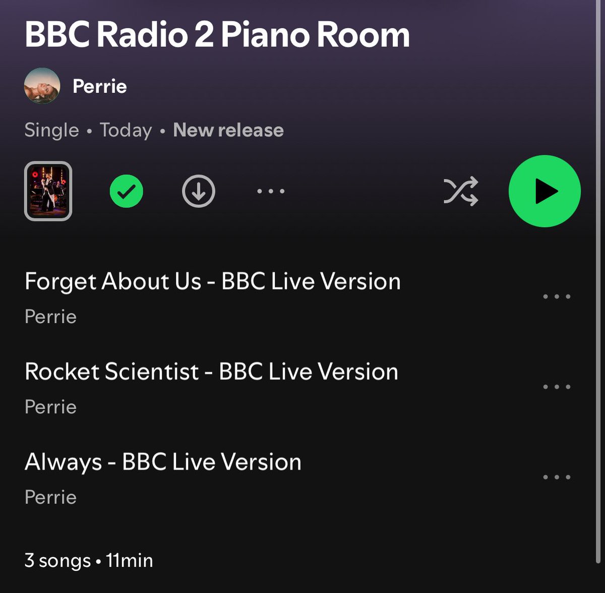 🚨 | perrie has released her bbc radio 2 piano room songs, including ‘always’ bon jovi cover, rocket scientist and forget about us

🔗 : out midnight local time: open.spotify.com/album/3p8c5qaQ…