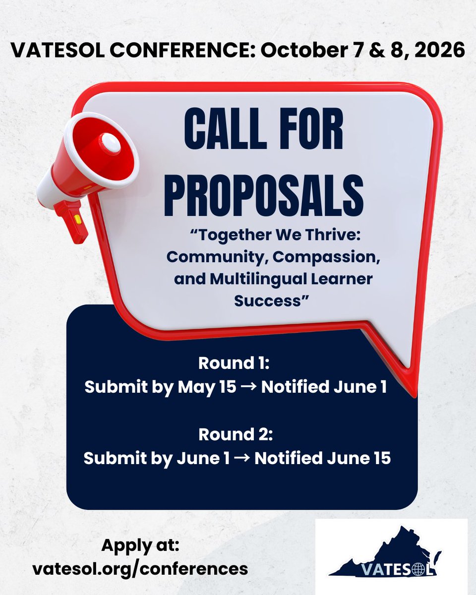 VATESOL1's tweet photo. 📣 VATESOL 2026 Call for Proposals is OPEN! 

Theme: "Together We Thrive: Community, Compassion, and Multilingual Learner Success"

✨ Two rounds of submissions

We can’t wait to see the amazing work happening in classrooms and communities across Virginia and beyond. #VATESOL2026 https://t.co/UhGIQcjMLF