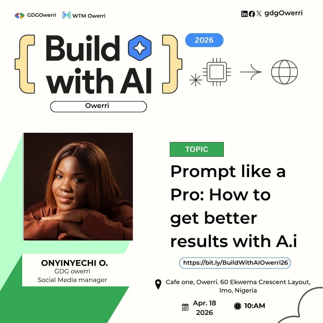 gdgowerri's tweet photo. Better prompts = better AI results.
Join Otuosorochukwu Onyinyechi for:
Prompt Like a Pro: How to Get Better Results with AI
Learn how to ask smarter and get better outputs from AI.
📍 Cafe One, Owerri
📅 April 18
#BuildWithAI #AI #Prompting #GDGOwerri https://t.co/ISeK80swae