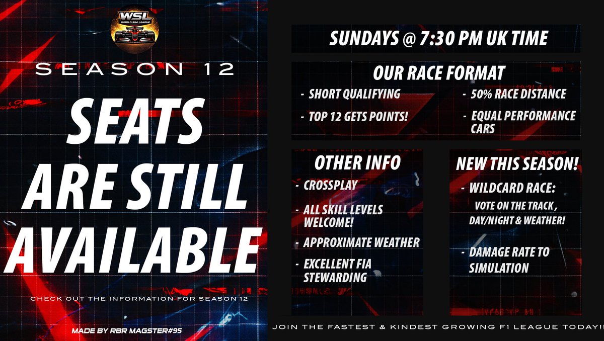 WSL_F1's tweet photo. ⚠️ SEATS STILL AVAILABLE FOR SEASON 12!!  📷LOCK IN YOUR SEAT FOR SEASON 12 TODAY!! Full time &amp; Reserve Driver positions available https://t.co/h3opiTjOMq JOIN THE FASTEST &amp; KINDEST GROWING F1 LEAGUE TODAY!!  #F125 #F1League #SimRacing #Crossplay #CleanRacing #F1Esports https://t.co/MgNSqrs5Hx