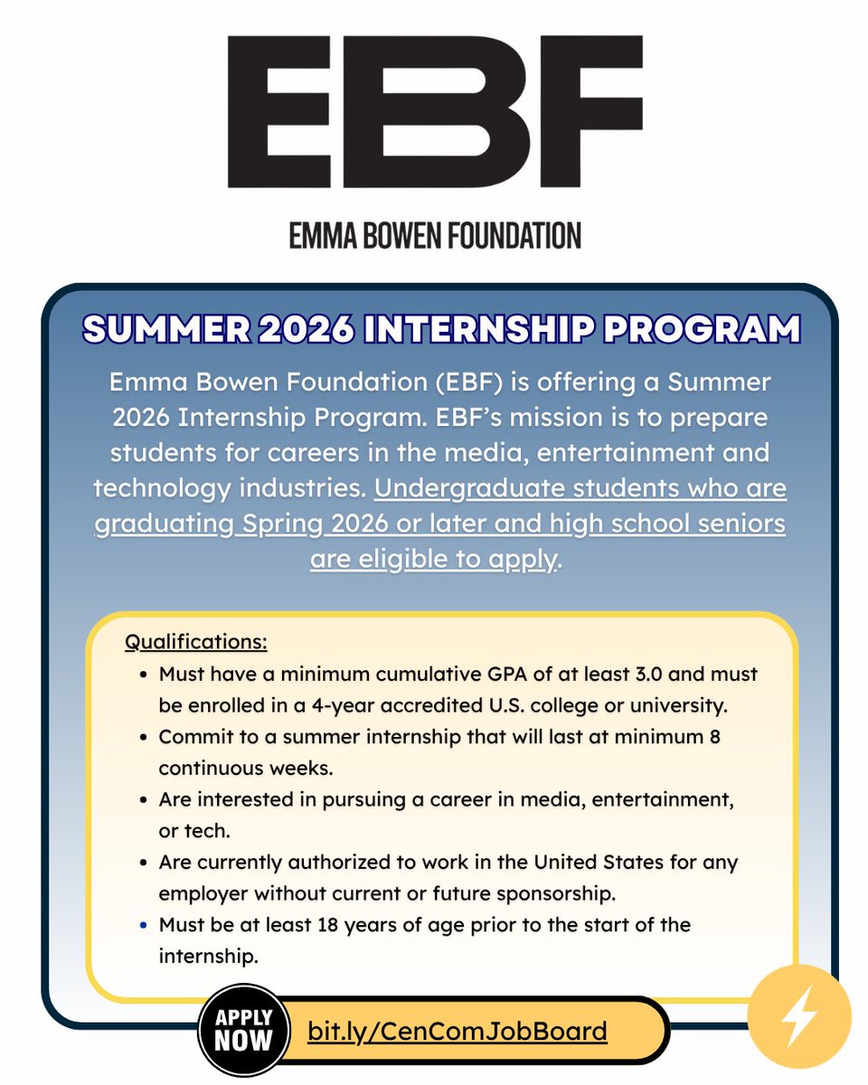 CenCom's tweet photo. Hey everyone! The Emma Bowen Foundation is offering a 2026 Summer Internship Program! For more information and to apply, visit our job board.⚡https://t.co/BzFlT8oUCZ https://t.co/VvFT43UBH3