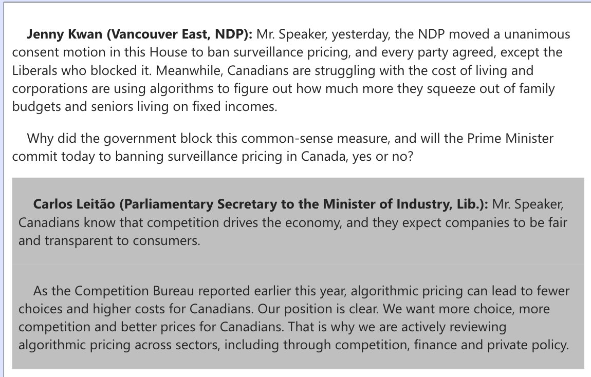 Liberals are choosing corporate algorithms over Canadian families.
Yesterday, every party supported our motion to ban surveillance pricing—except Liberals. While they "review" the problem, corporations continue to squeeze family budgets.
Why won't the PM just say YES to a ban?