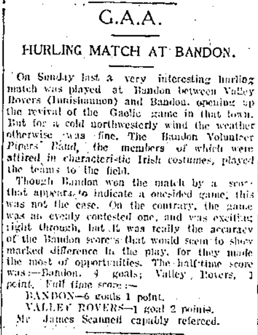 HurlingHistory's tweet photo. On this day in 1922 @BandonGAA and @ValleyRoversGAA clashed in a challenge match at Bandon, with victory going to the Bandonians by a wide margin #corkhurlinghistory 🟨⬜️ https://t.co/a6azMM8oOF